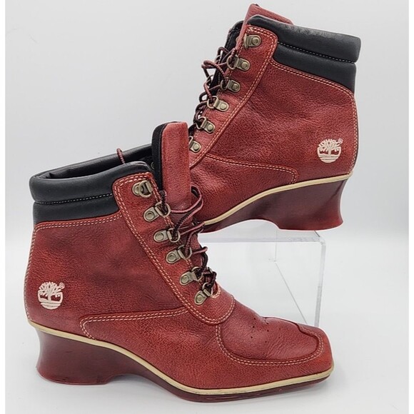 Timberland Women’s Square Toe Lace-Up Wedge Boots 19348 Red Leather Size 7M - Picture 1 of 11